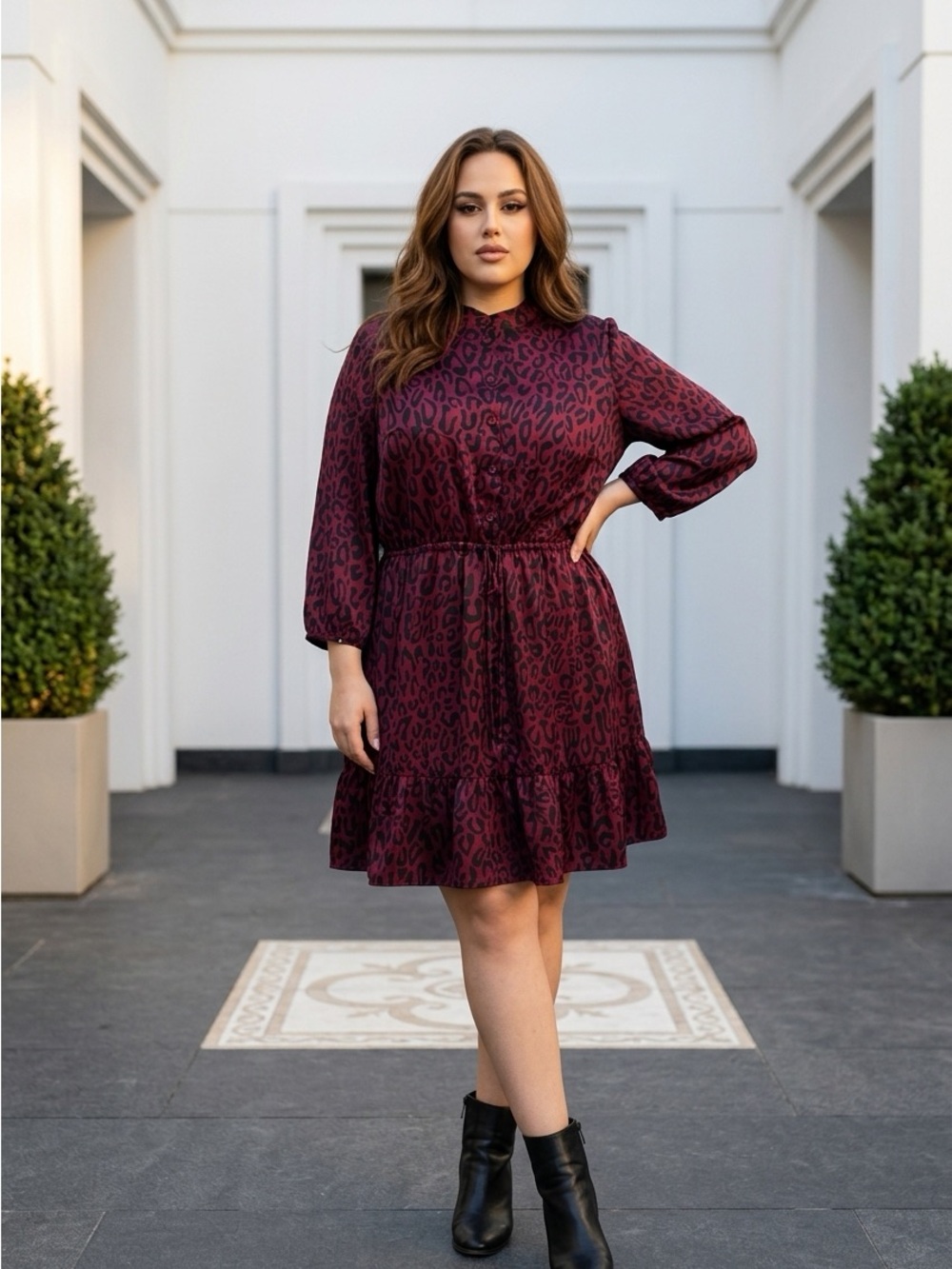 Rebecca Minkoff Burgundy Leopard-Print Long-Sleeve Ruffle Dress